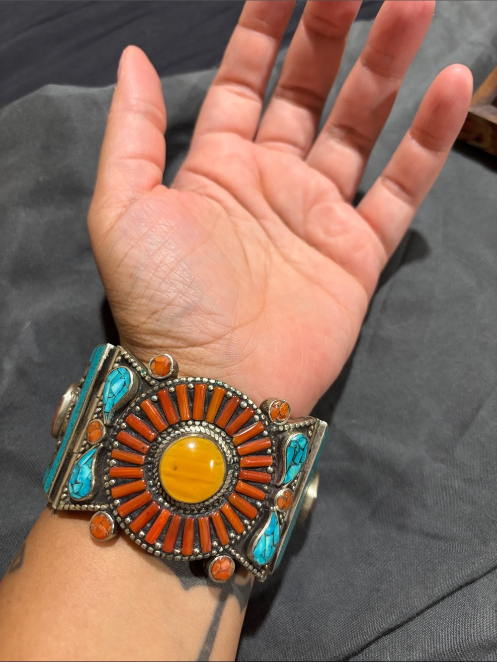 Handcrafted Turquoise & Orange Sunburst Cuff Bracelet - Unbranded